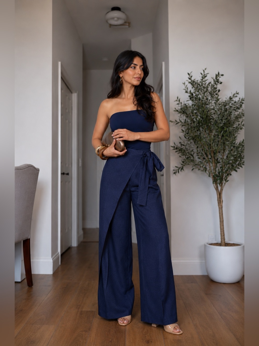 Commense White Tee with Navy Wide-Leg Wrap Pants